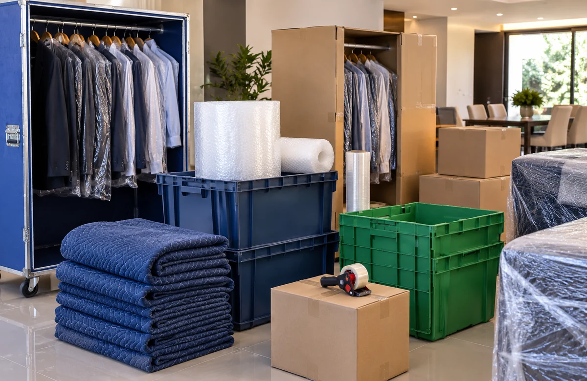 Caixas reutilizáveis, cabideiros e materiais de proteção da Arotrans